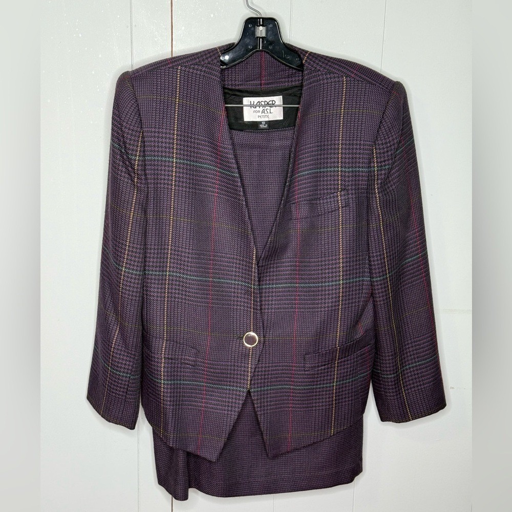VTG Kasper Vintag 80s Power Suit Plaid Tweed Blazer Skirt Set Grannycore Classic